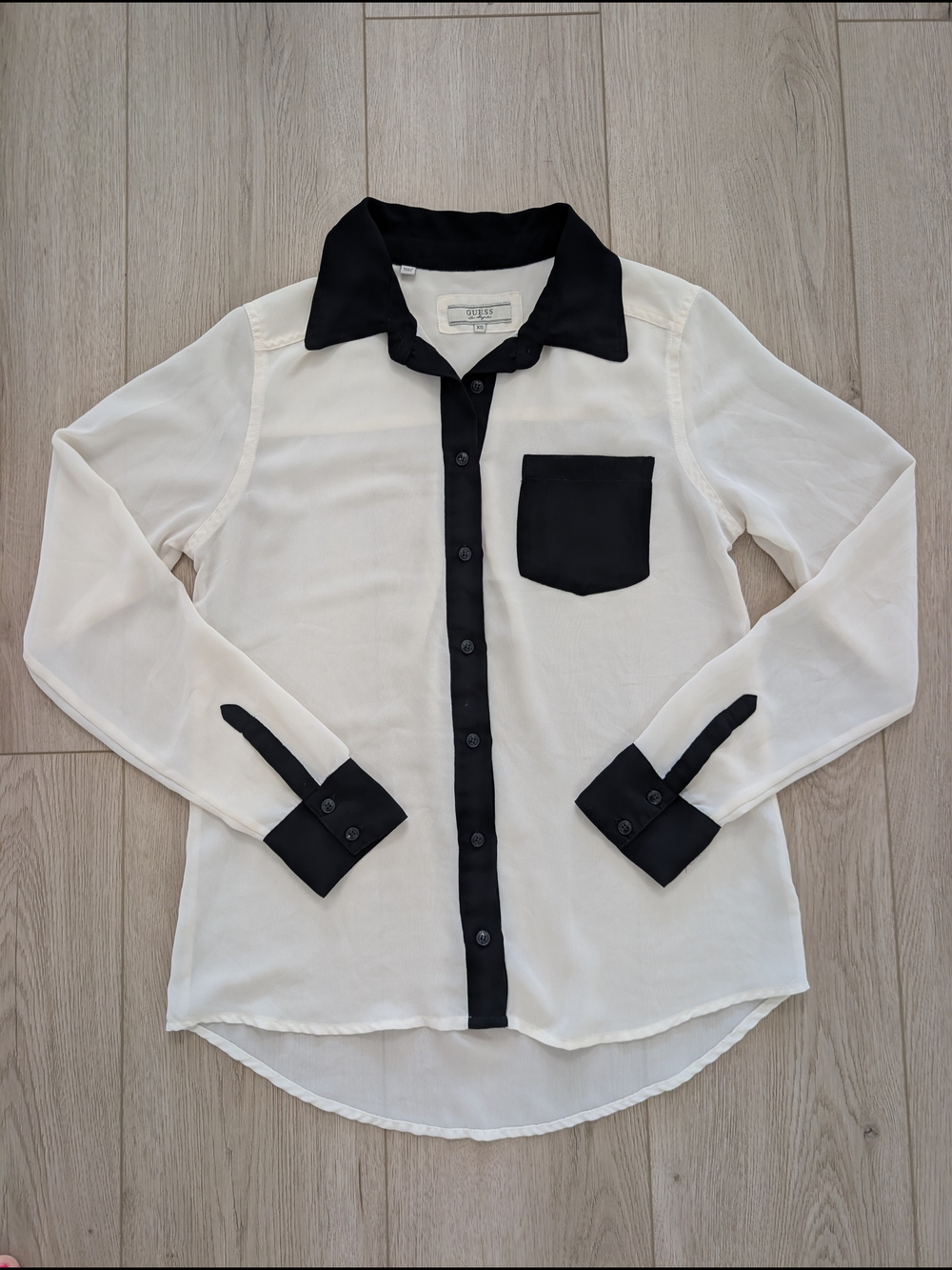 Guess semi-sheer off-white blouse with contrasting black trim | Size XS